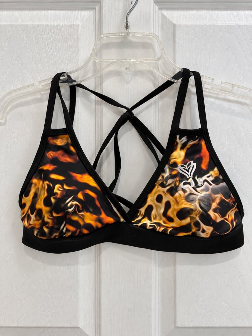 CLS Sportswear Black Orange Flame Print Strappy Sports Bra L